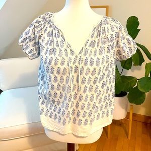 Nili Lotan blockprint blue white peasant top